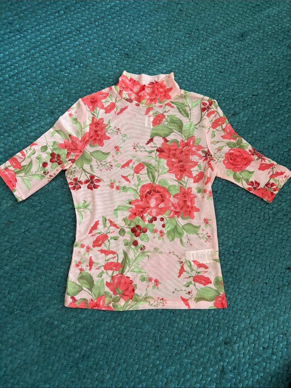 Anthropologie Floral Mock Neck Top in Pink & Coral